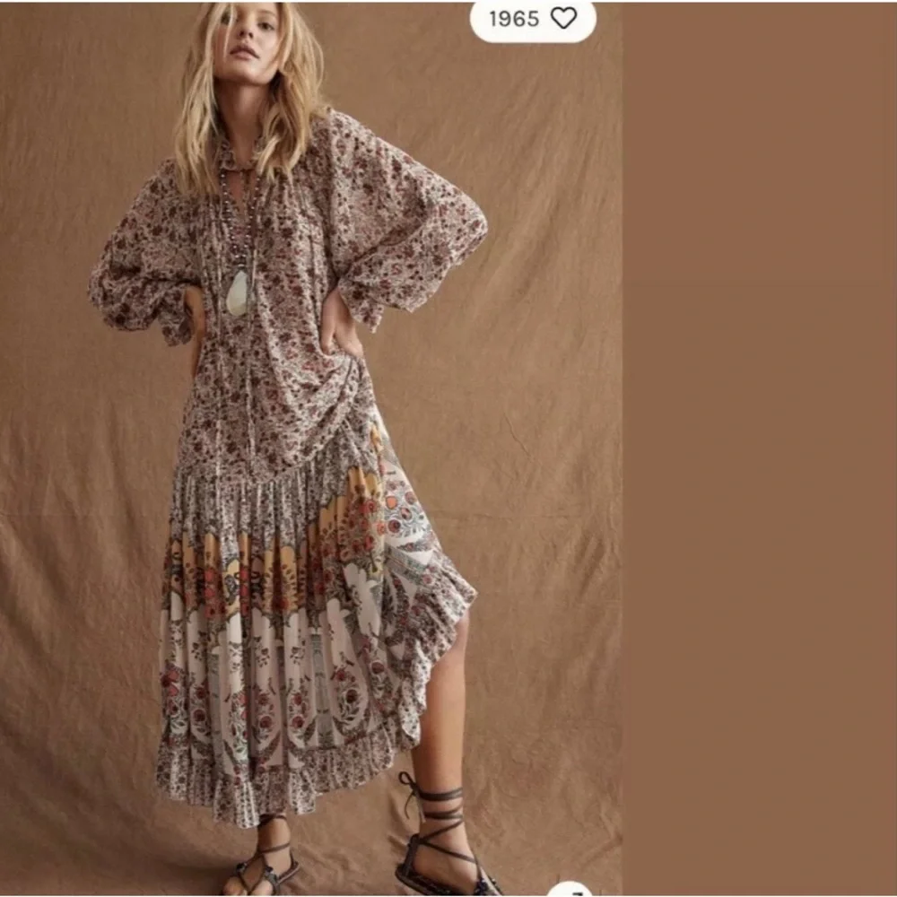 Free People Feeling Groovy Border Print Floral Bohemian Maxi Dress Medium